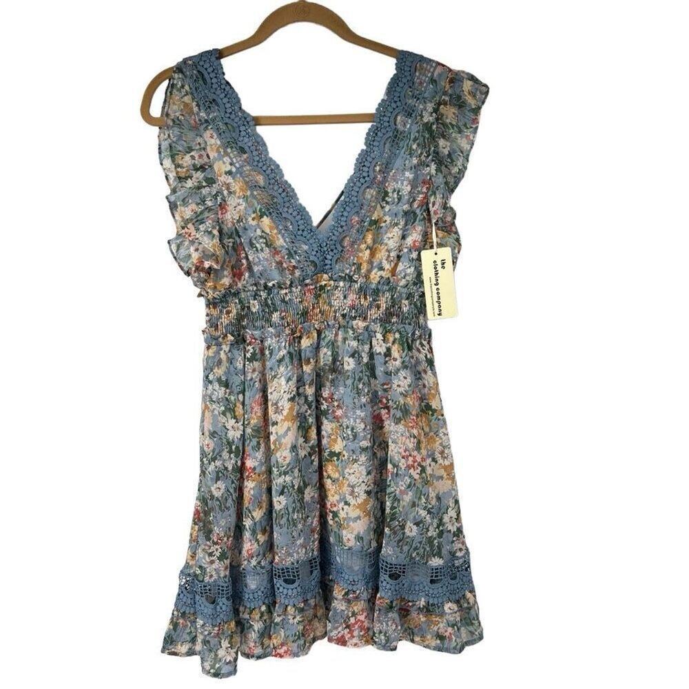 The Clothing Company Blue Floral Trim Detail V Neck Mini Dress Sz L Women’s